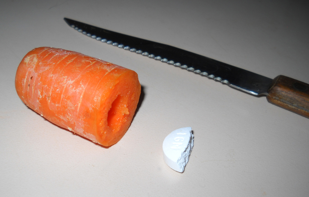 Hollow out the end of a carrot with a steak knife to hide your horse's medicine Hollow out the end of a carrot with a steak knife to hide your horse's medicine.